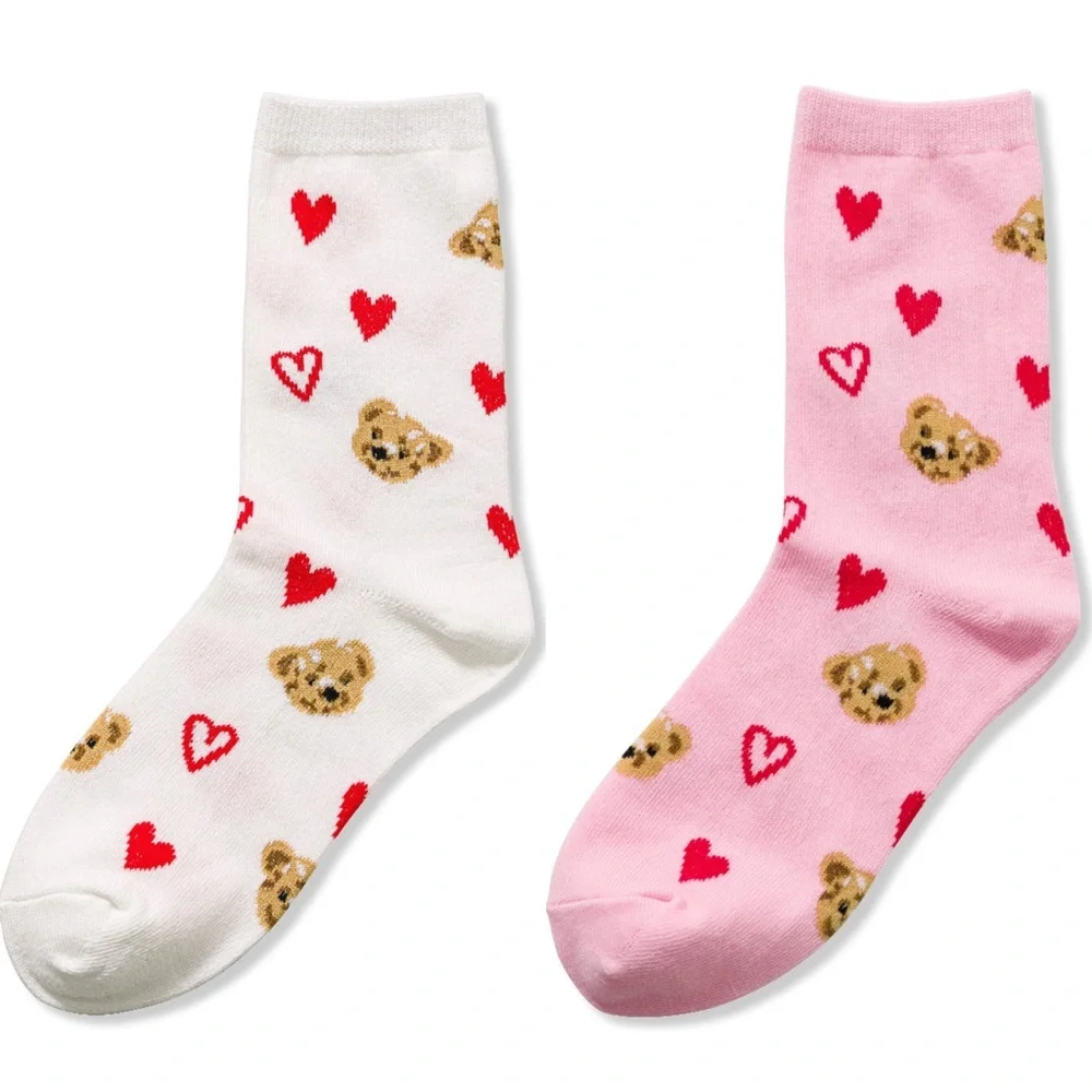 NWT Zenana White & Pink Teddy Bear Heart Crew Socks Cozy Cute Gift One Size
